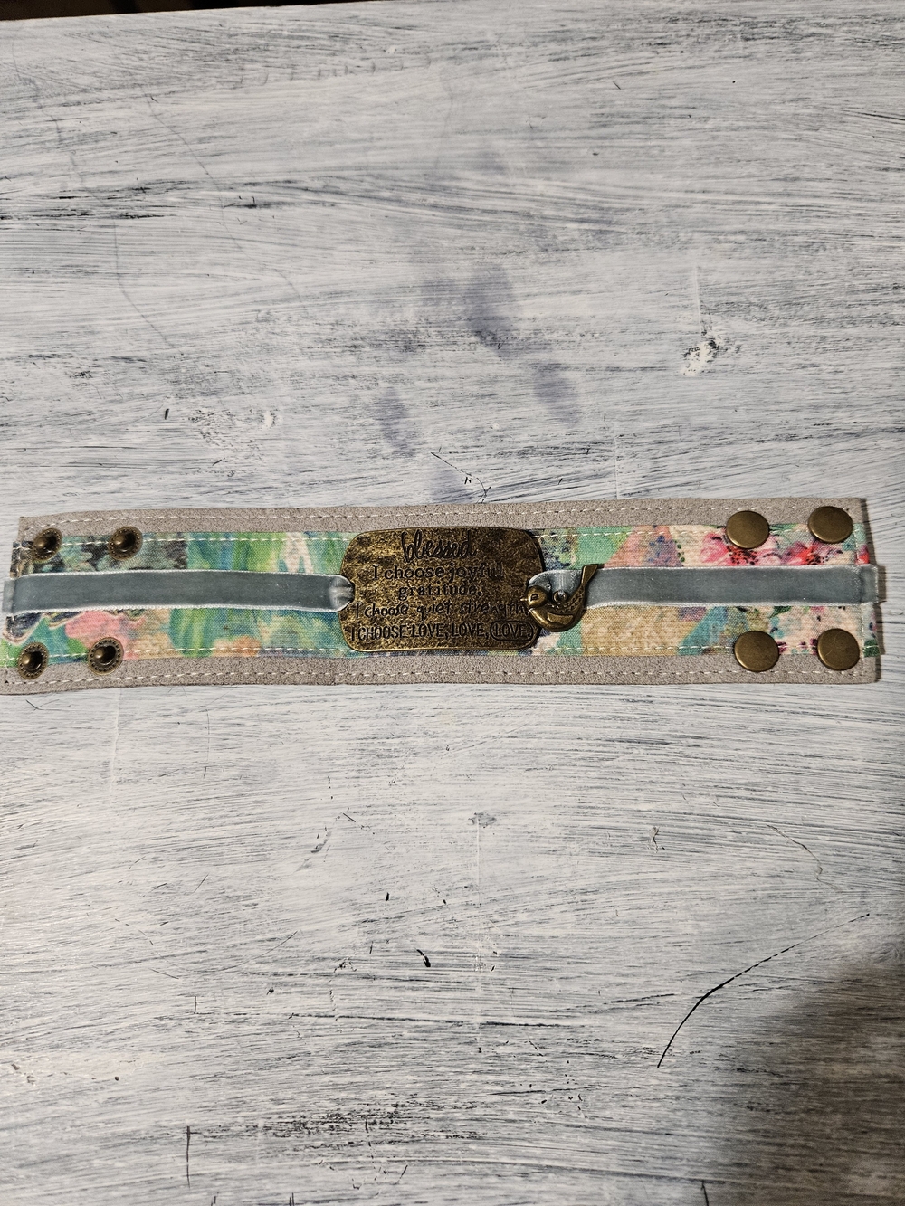 Source Unknown Floral Blue Suede Cuff Bracelet with Antiqued Plate
